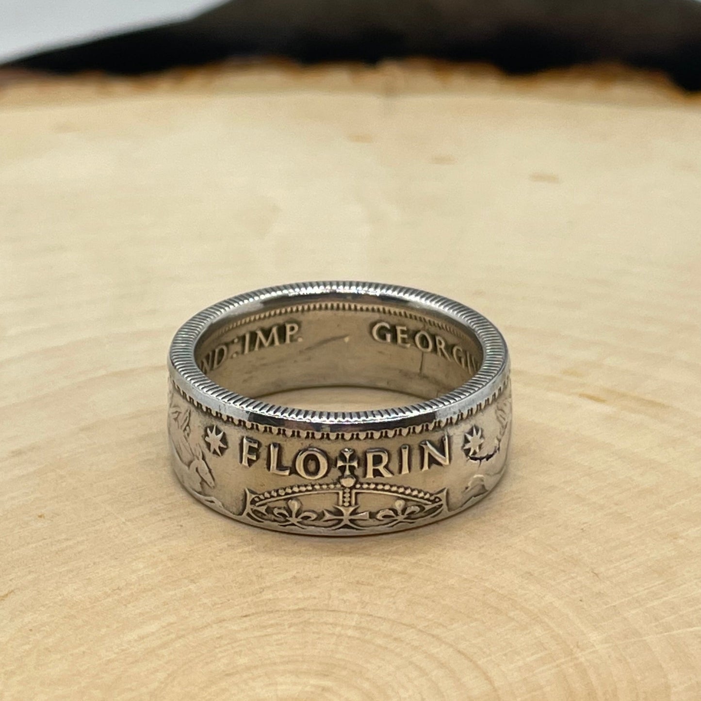 Australia Florin Silver Coin Ring on light wood round. - Mountainstruck Coin Jewelry