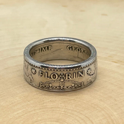 Australia Florin Silver Coin Ring on light wood round. - Mountainstruck Coin Jewelry