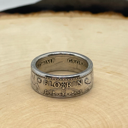 Australia Florin Silver Coin Ring on light wood round. - Mountainstruck Coin Jewelry