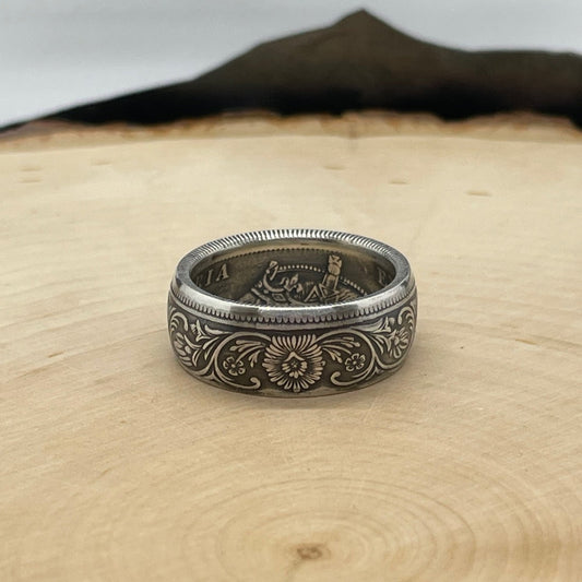 India 1 Rupee Silver Coin Ring (Rare, Victorian) on a light wood round. - Mountainstruck Coin Jewelry