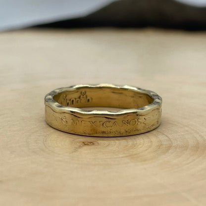 Mexico 50 Centavos Coin Ring on a light wood round. - Mountainstruck Coin Jewelry