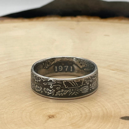 Mexico Peso Coin Ring on a light wood round. - Mountainstruck Coin Jewelry