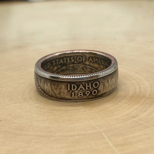 U.S. State Quarter Coin Ring featuring Idaho on a light wood round. - Mountainstruck Coin Jewelry