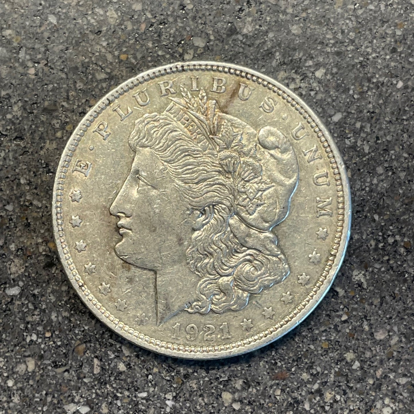 Morgan Dollar Silver Coin front on a concrete background. - Mountainstruck Coin Jewelry