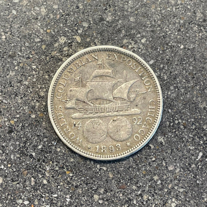 U.S. 1892-1893 Chicago Columbus Half Dollar Silver Coin back on a concrete background. - Mountainstruck Coin Jewelry