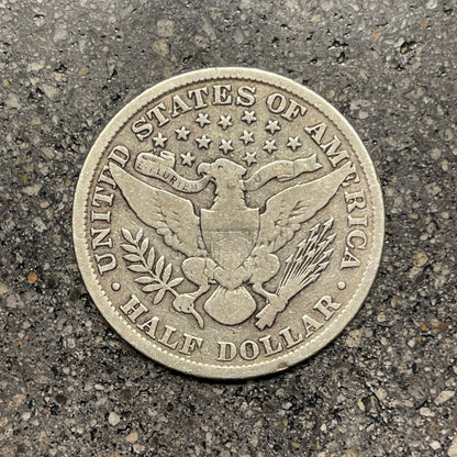 U.S. Barber Silver Half Dollar back of  coin on a concrete background. - Mountainstruck Coin Jewelry