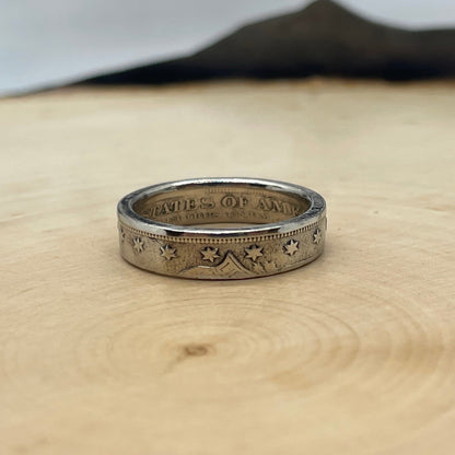 U.S. "V" Nickel Coin Ring on light wood round. - Mountainstruck Coin Jewelry 