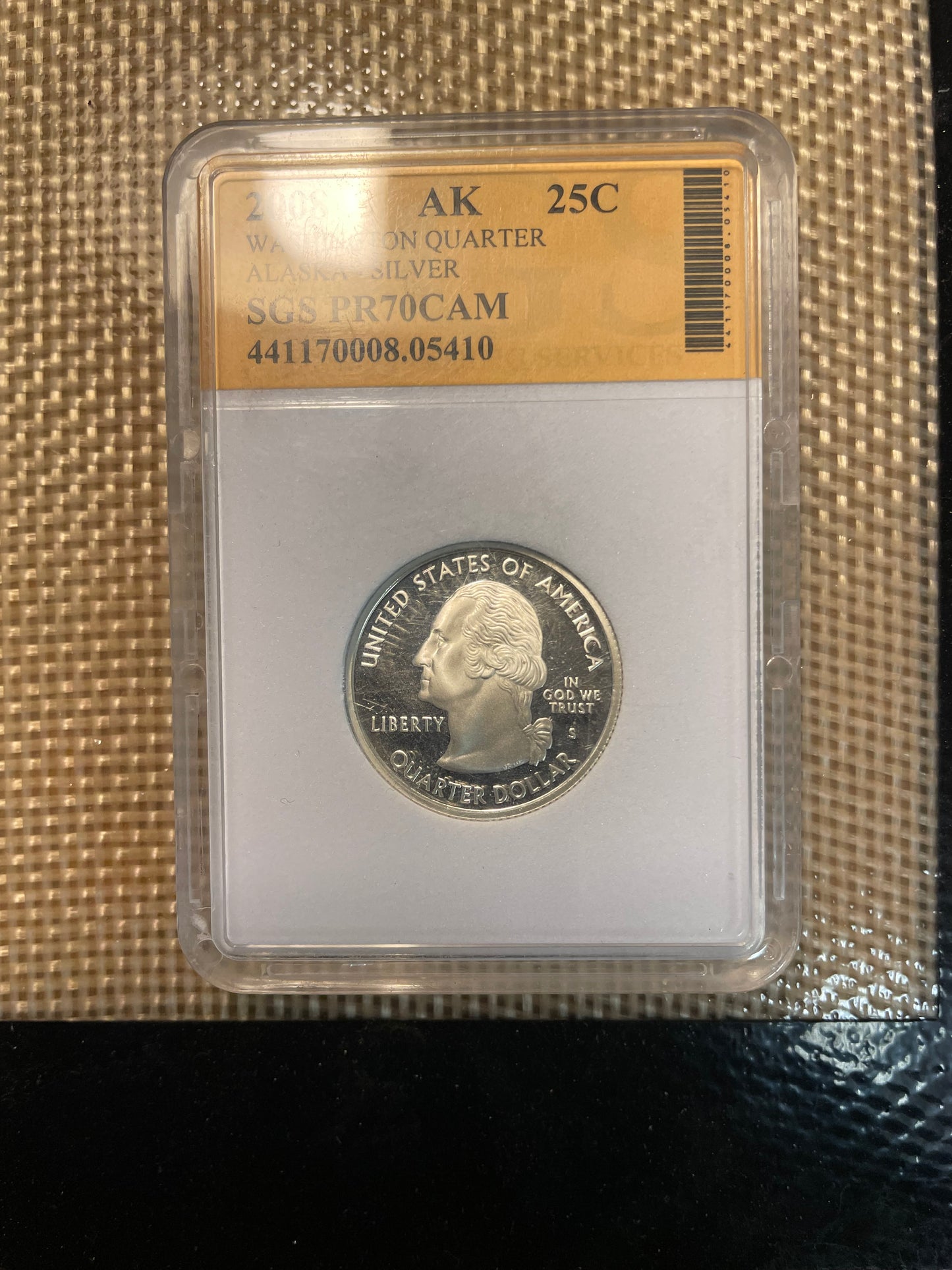 U.S. Silver State Quarter Coin front in plastic verification case.